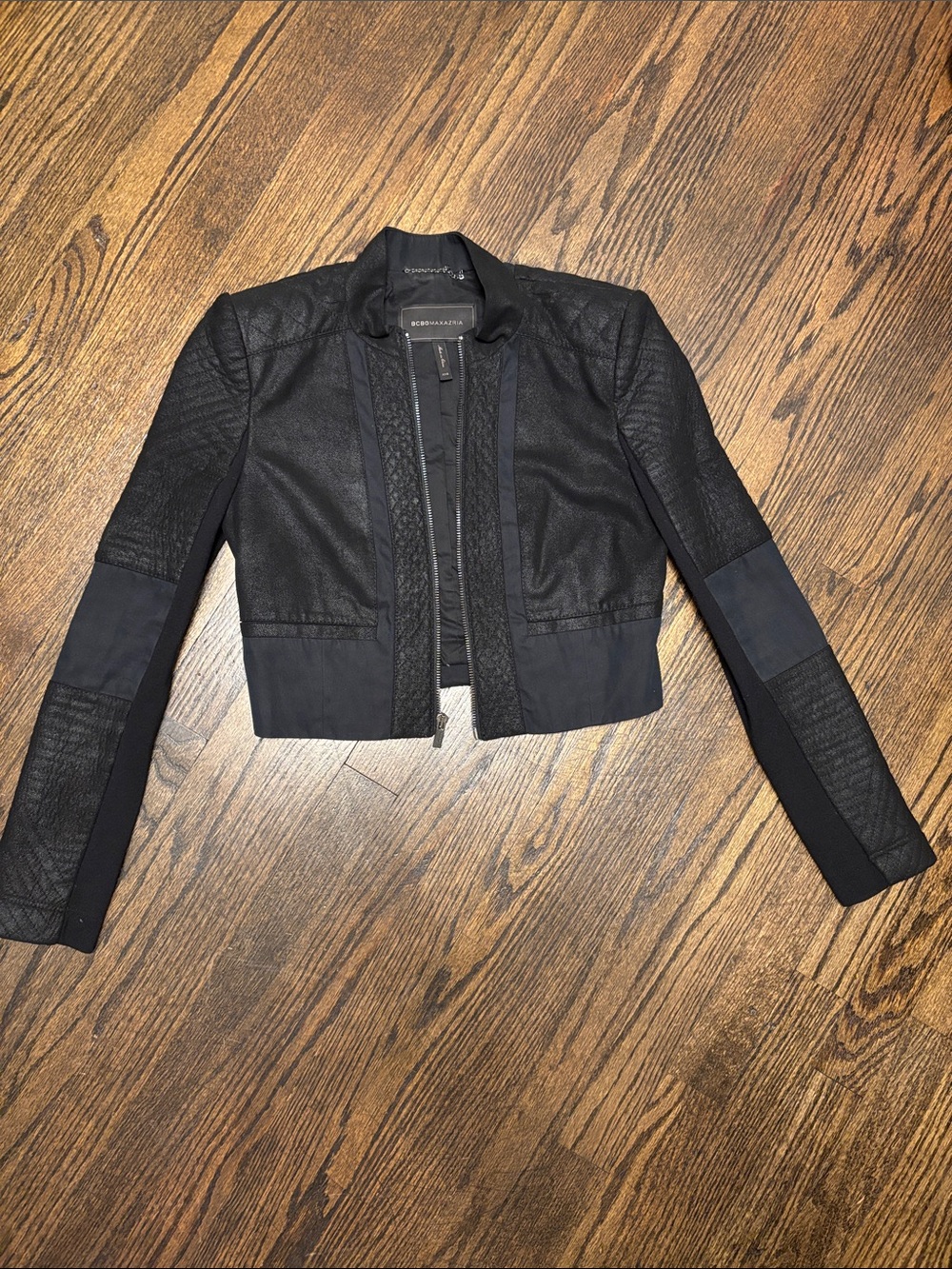 BCBGeneration Textured Black Cropped Leather Jacket
